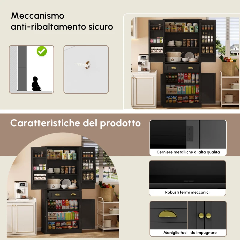 Armadio contenitore moderno con 4 ante e 1 cassetto, 6 ripiani portaoggetti e 4 ripiani regolabili, adatto per cucina, sala da pranzo e soggiorno, 80x40x182 cm, Nero