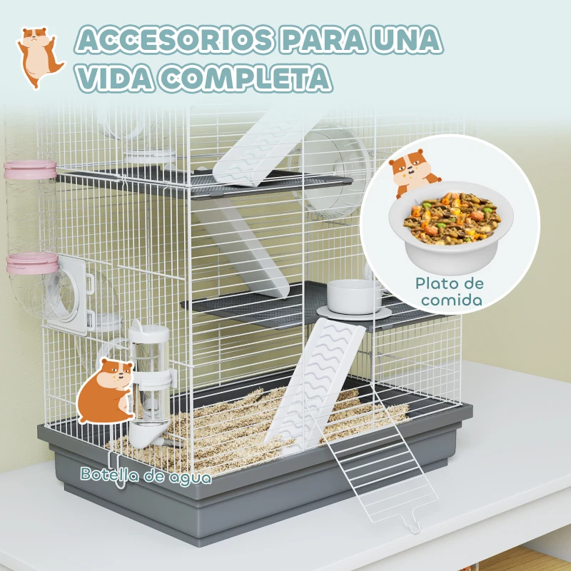 PawHut Jaula para Hámster con Túnel Plataformas Cuenco Bebedero Casita Rampas y Rueda de Ejercicio 47x30x70 cm Gris