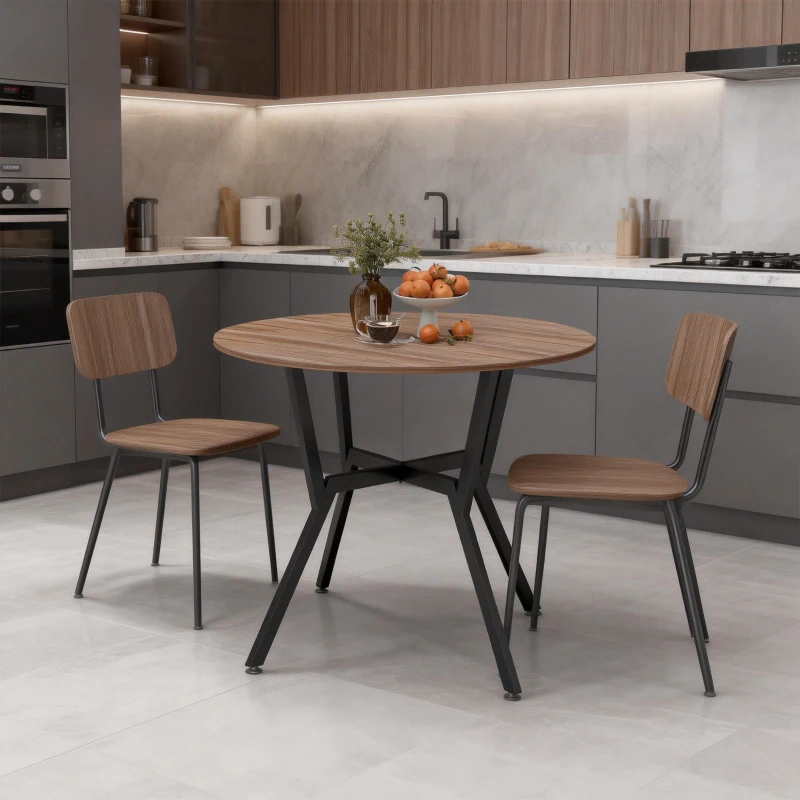 HOMCOM Mesa de Comedor Redonda de Estilo Industrial con Encimera de Madera y Marco de Acero Ø90x76 cm Marrón