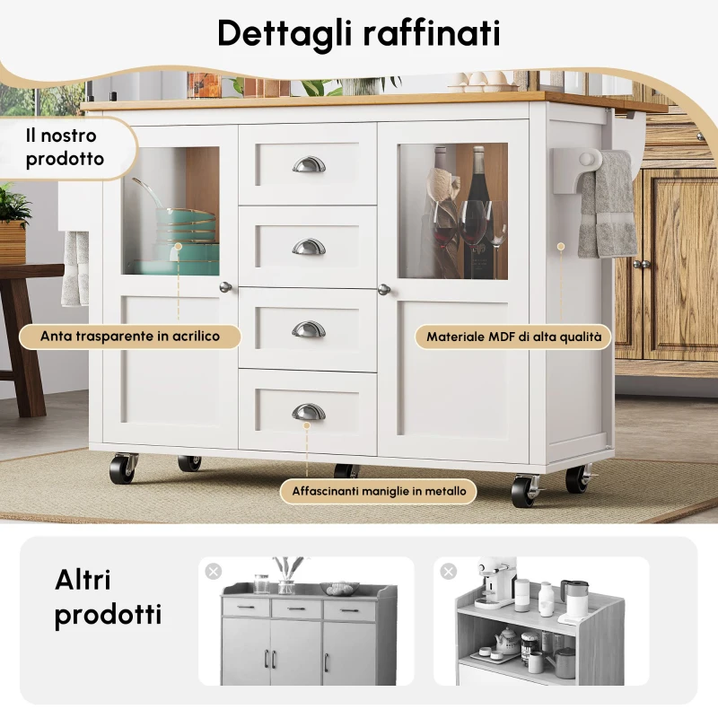 Isola Moderno da cucina con piano regolabile, due ante e quattro cassetti, Ruote girevoli a 360°, 137,9x45/73x92,5 cm, Bianco | Aosom Italy