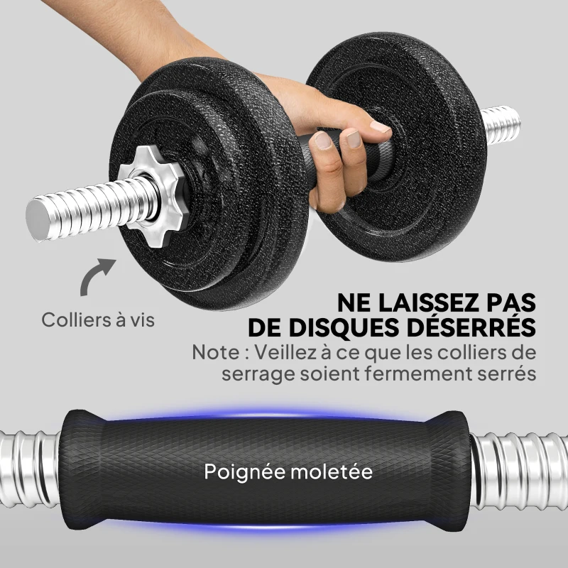 SPORTNOW Ensemble d'haltères 2-en-1 20kg poids réglable kit haltères musculation barre d'extension poignée antidérapante noir