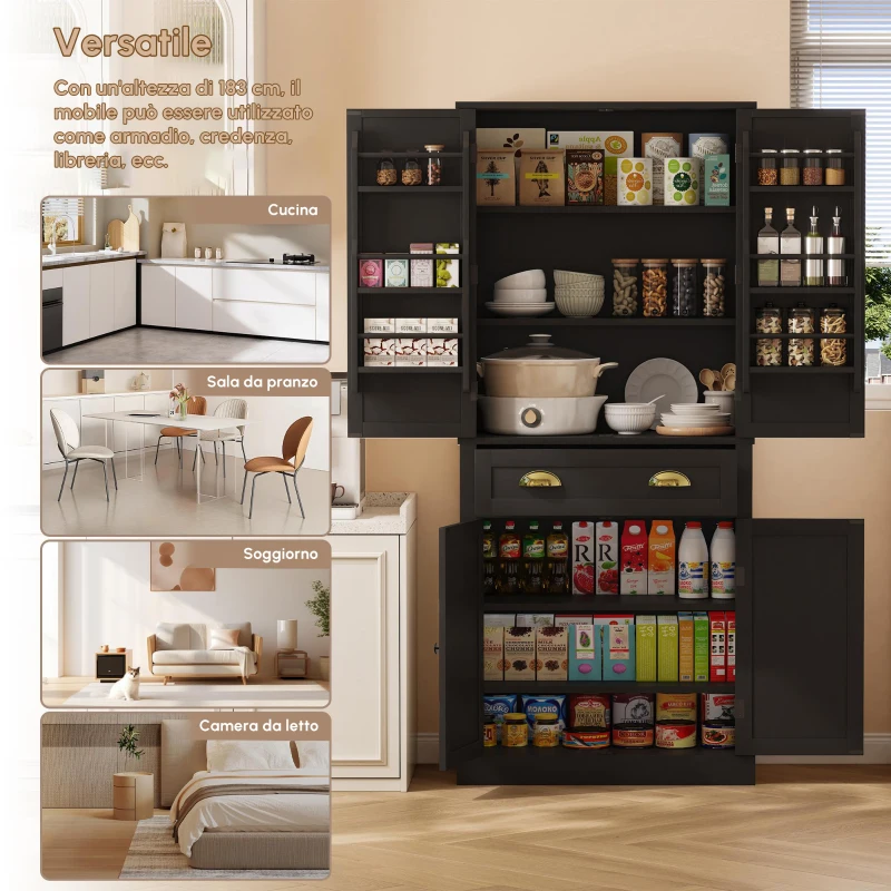 Armadio contenitore moderno con 4 ante e 1 cassetto, 6 ripiani portaoggetti e 4 ripiani regolabili, adatto per cucina, sala da pranzo e soggiorno, 80x40x182 cm, Nero