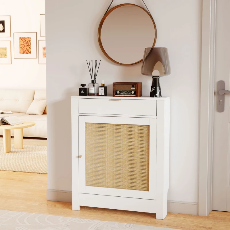 HOMCOM Cubre Radiadores con Puerta Abatible y Ratán Compartimento Diseño Bohemio para Salón Dormitorio Blanco