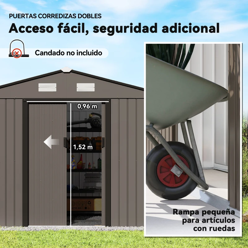 Outsunny Cobertizo de Jardín 4,9 m² 277x195x192 cm con 2 Puertas Corredizas Techo Inclinado y 4 Ventanas Marrón