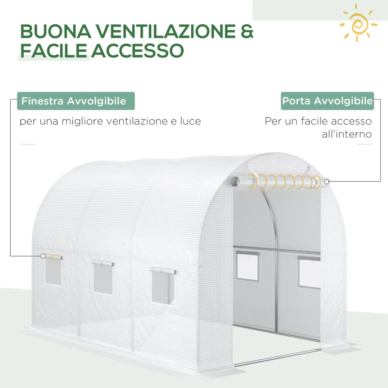 Outsunny Telo Serra in PE con 6 Finestre, Porta Avvolgibile e Bordi Interrati, 3x2x2 m, Bianco