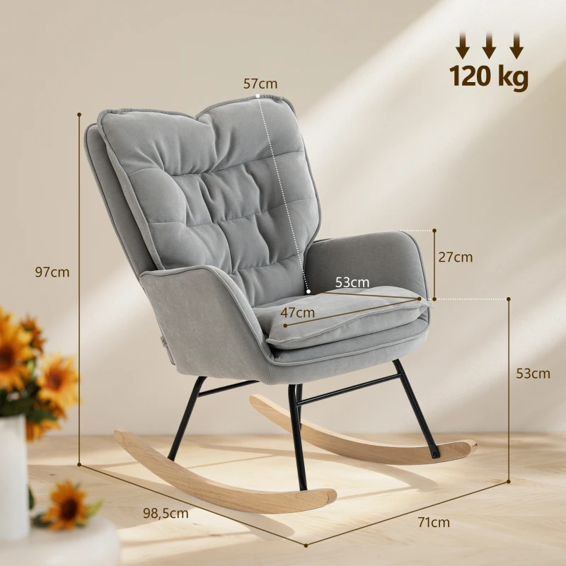 HOMCOM Silla Mecedora con Patas de Madera de Haya y Reposabrazos Mecedora para Lactancia Carga 120 kg para Dormitorio Gris