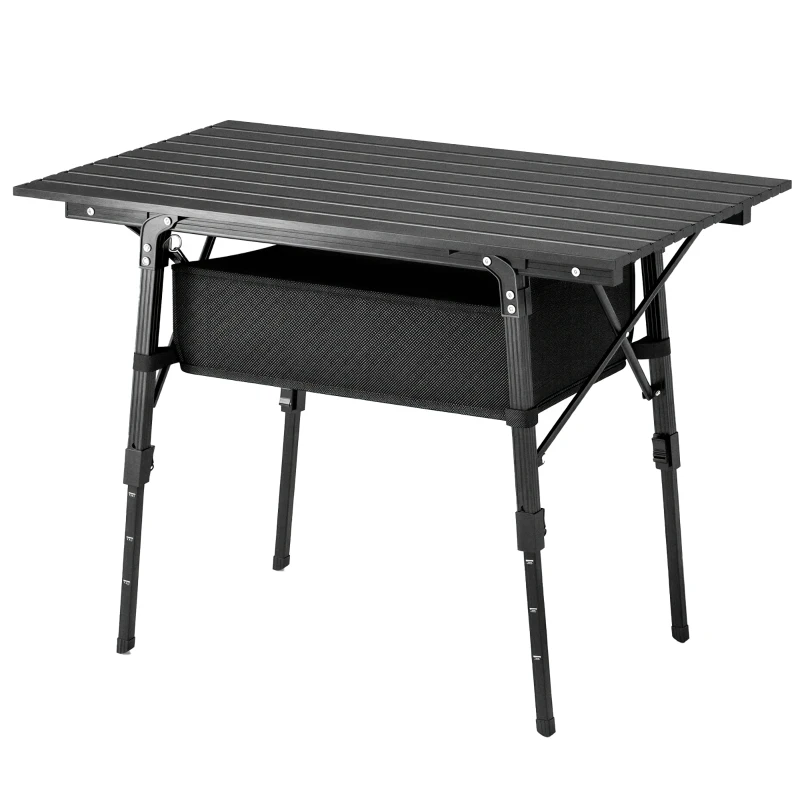 Outsunny Folding Camping Table, 90 x 55 cm Height Adjustable Portable Collapsible Table, 3ft Lightweight Aluminium Rollup Picnic Table with Storage Basket for Outdoor Garden Party BBQ, Black