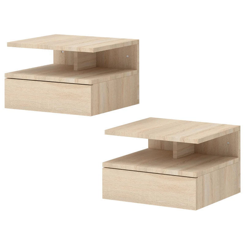 HOMCOM Set mit 2 schwebenden Nachttischen mit Schublade, wandmontiert, 35x32x22,5 cm, Eiche