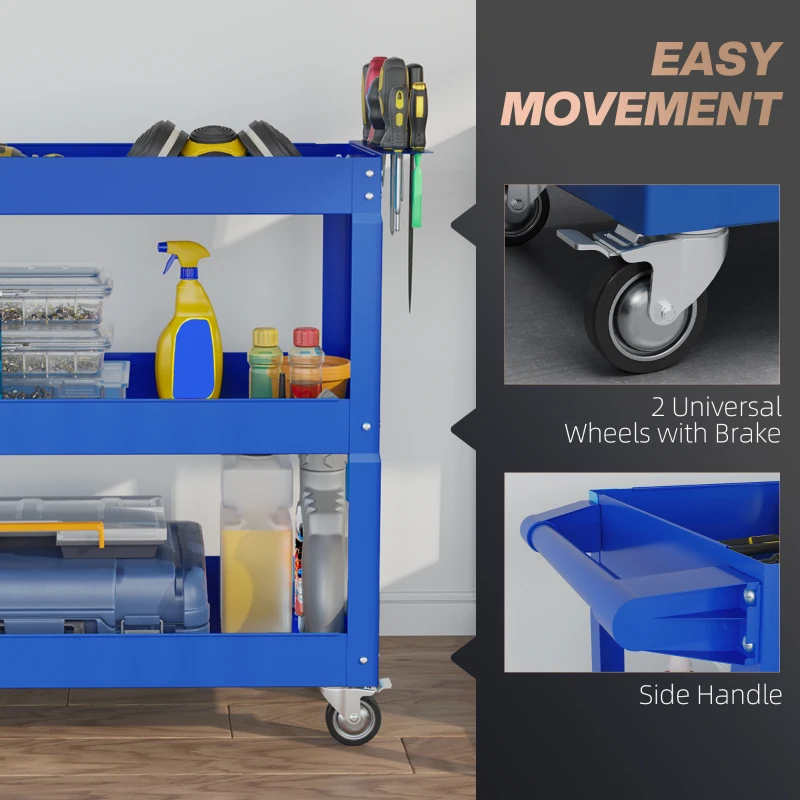 DURHAND 3-niveaus gereedschapswagen, 4 wielen, staal, 83B x 35,3D x 76H cm, blauw