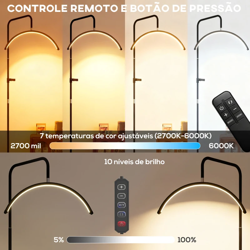 HOMCOM Candeeiro de Pé Meia Lua  com Cabeça Giratória 350° 7 Temperaturas de Cor Brilho Ajustável Suporte para Telemóvel Preto