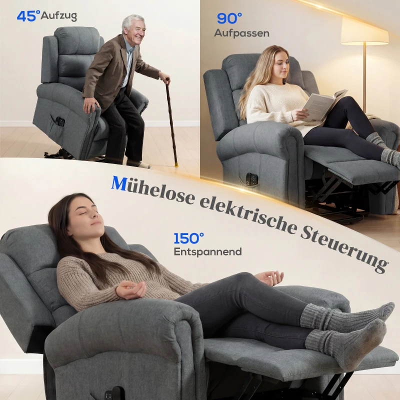 HOMCOM Massagestoel met opstaanfunctie, relaxfauteuil, vibratiekoppen, met kantelfunctie, linnenlook, grijs