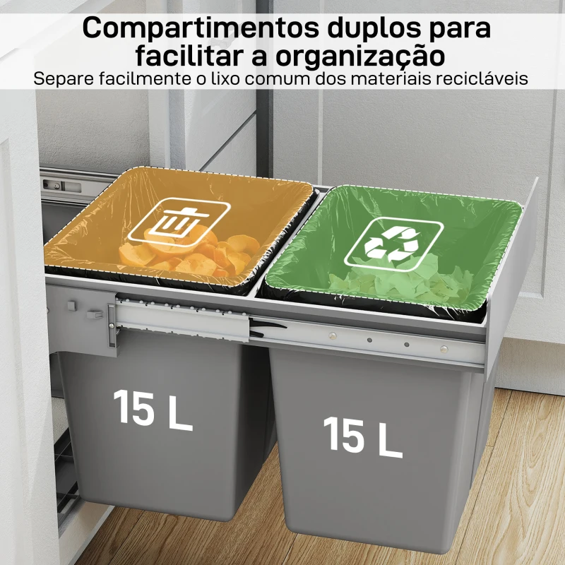 HOMCOM Balde de Lixo Embitido com 2 Recipientes Removíveis para Reciclagem Capacidade Total 30L (15Lx2) 48x34,3x35,1 cm Cinzento Claro