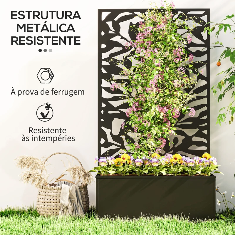 Outsunny Floreira Elevada com Painel de Privacidade de Folhas Decorativas de Metal e Opção de Montagem na Parede 61x23x113 cm Preto