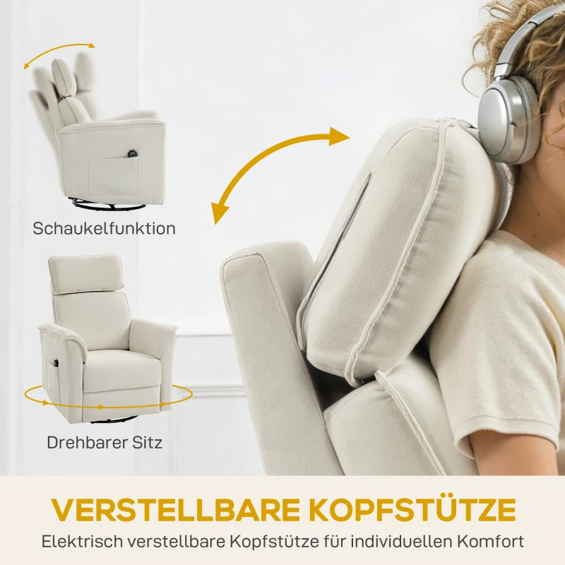 HOMCOM Sillón relax eléctrico con función reclinable, respaldo ajustable, reposacabezas para salón Blanco crema
