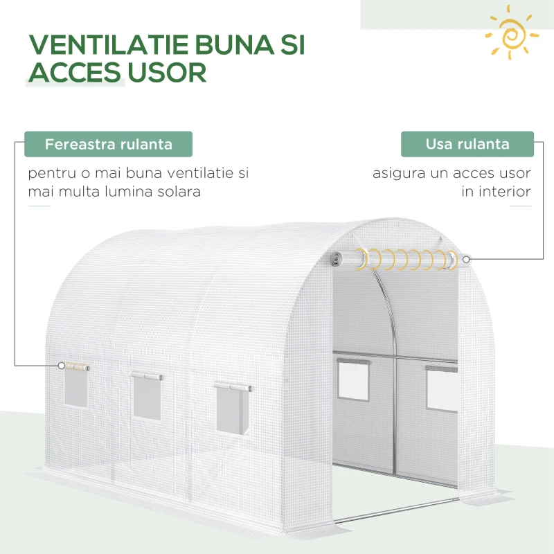 Outsunny Folie pentru Seră cu 12 Ferestre, Ușă Rulabilă și Margini Îngropate, 3x2x2 m, Alb