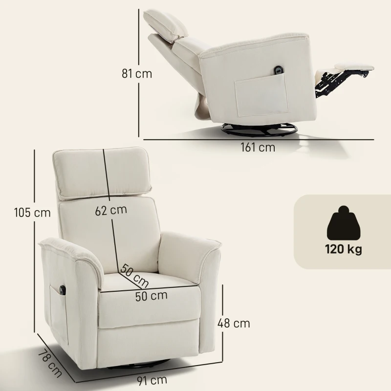 HOMCOM Poltrona relax elettrica con funzione reclinabile, schienale regolabile e poggiatesta per soggiorno Bianco crema