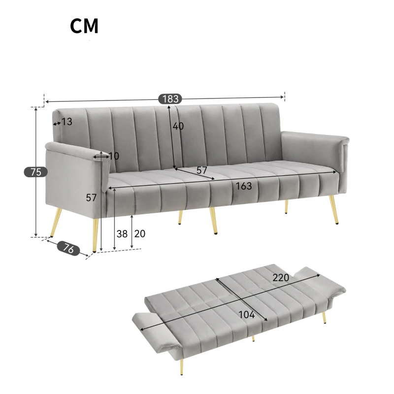 Canapé-lit pliable moderne avec dossier et accoudoirs réglables, 183x76x75 cm, Gris
