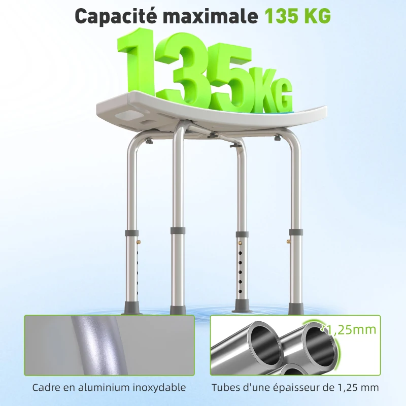 HOMCOM Siège de Douche réglable en Hauteur Tabouret de Douche Ergonomique Pieds antidérapants Charge Max. 135 Kg alu HDPE Blanc Bleu
