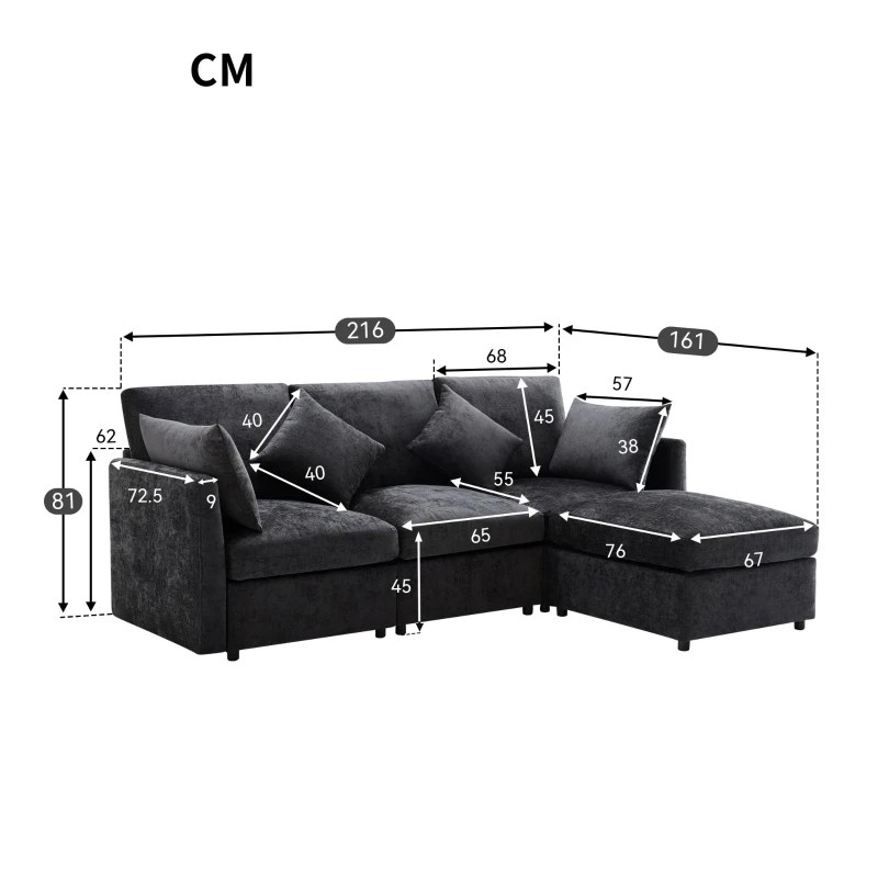 Canapé en tissu chenille moderne, canapé d'angle en L avec pouf et coussins décoratifs, 216x161x81 cm, Gris