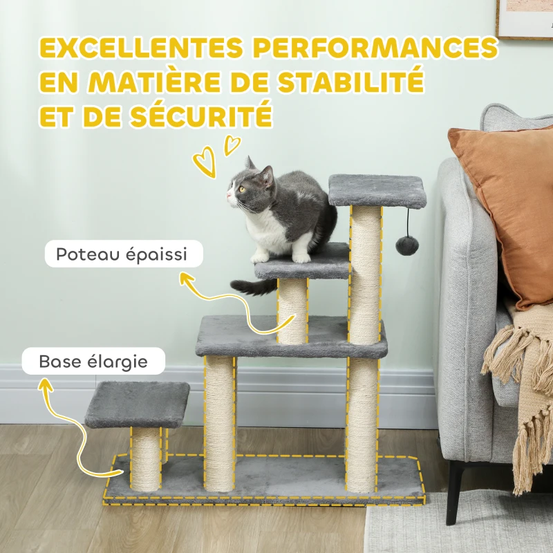 PawHut Escalier pour animaux domestiques réglable 3/4 marches échelle pour chat chien griffoirs sisal 70 x 32 x 68 cm gris