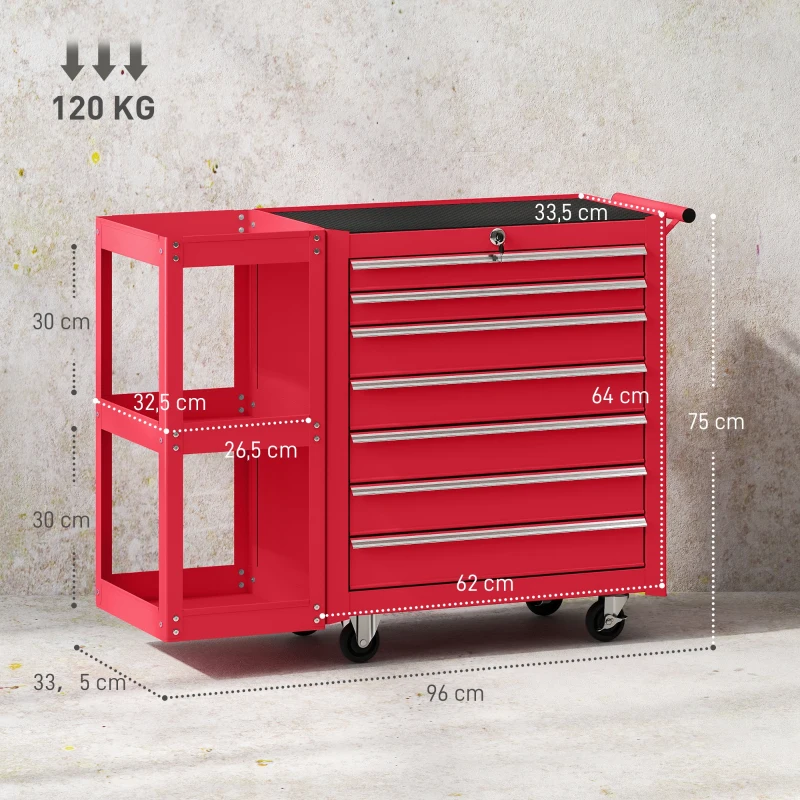 HOMCOM Carrinho de Ferramentas com 7 Gavetas Estante de 3 Níveis Removível Sistema de Fecho Central Asa 2 Rodas com Travão Vermelho