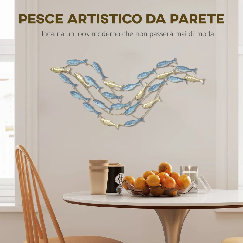 HOMCOM Wall Art Banco di Pesci in Metallo con Viti Incluse, 99.7x3.8x50.2 cm, Oro e Blu