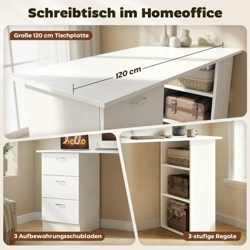 HOMCOM Schreibtisch Computertisch Bürotisch Arbeitstisch Regal mit 3 Schubladen Regale Weiß 120 x 49 x 72 cm