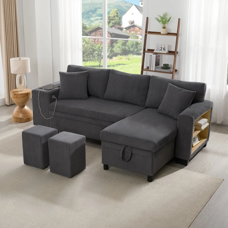 Canapé-lit pliant avec fonction couchage, port de charge USB, tablettes latérales et rangement, 231x131,5x84 cm, Gris