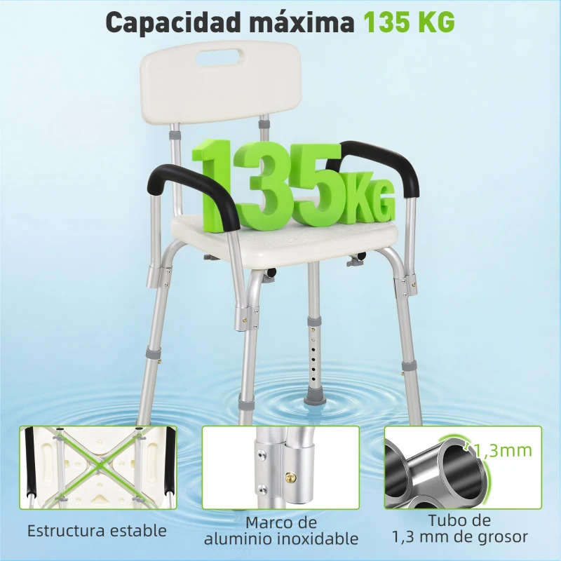 HOMCOM Silla de Ducha para Personas Mayores con Respaldo Altura Regulable Antideslizante y Apoyabrazos Carga 136 kg