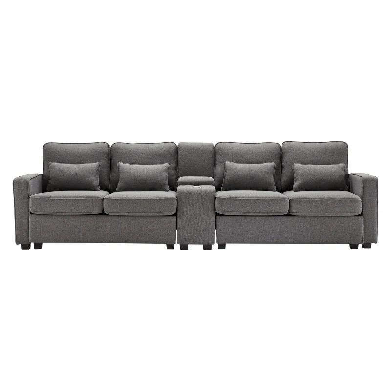 Canapé 4 places moderne en tissu de lin, avec console, 2 porte-gobelets, 2 ports USB, 290x83x88 cm, Gris foncé