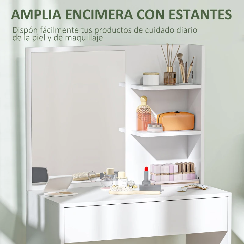 HOMCOM Tocador de Maquillaje con Espejo Mesa de Maquillaje con Cajón y Estantes Abiertos Blanco