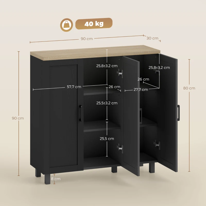 HOMCOM Aparador para Sala de Estar Móvel Buffet com 3 Portas e Prateleiras Ajustáveis 90x30x90 cm Preto e Madeira