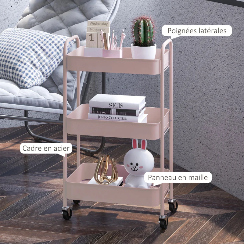 HOMCOM Desserte chariot de rangement en acier chariot de service à roulettes 3 plateaux ajourés 45 x 30,6 x 79 cm rose