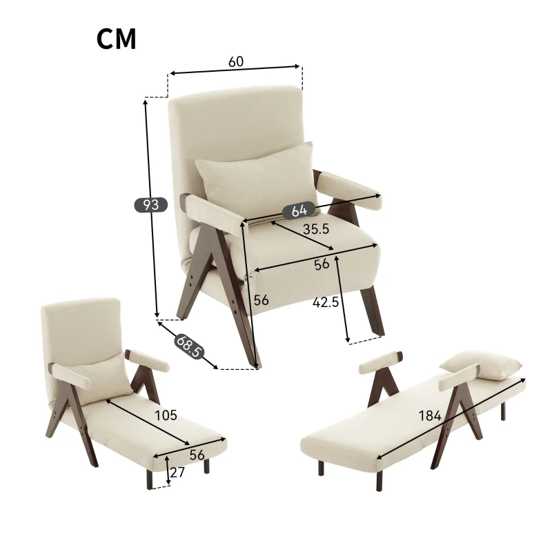 3-en-1 Fauteuil canapé-lit avec fonction couchage, avec dossier réglable, 64x68,5x93 cm, Beige
