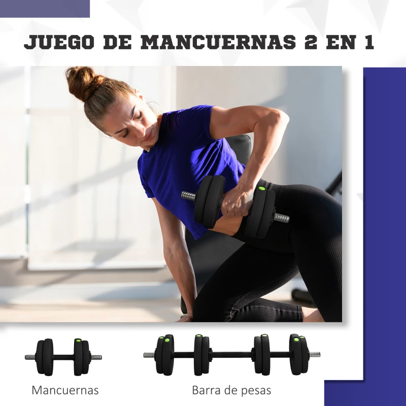 SPORTNOW Juego de Mancuernas Ajustables 15 kg 2 en 1 con Barras Conexión y Mangos Antideslizantes para Gimnasio en Casa Negro