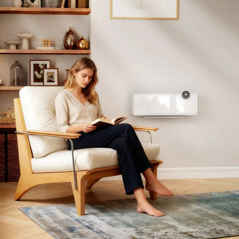 HOMCOM Chauffage mural en céramique 1000/2000W, radiateur électrique, ventilateur, thermostat, minuterie, 54x18,7x12,3cm, blanc