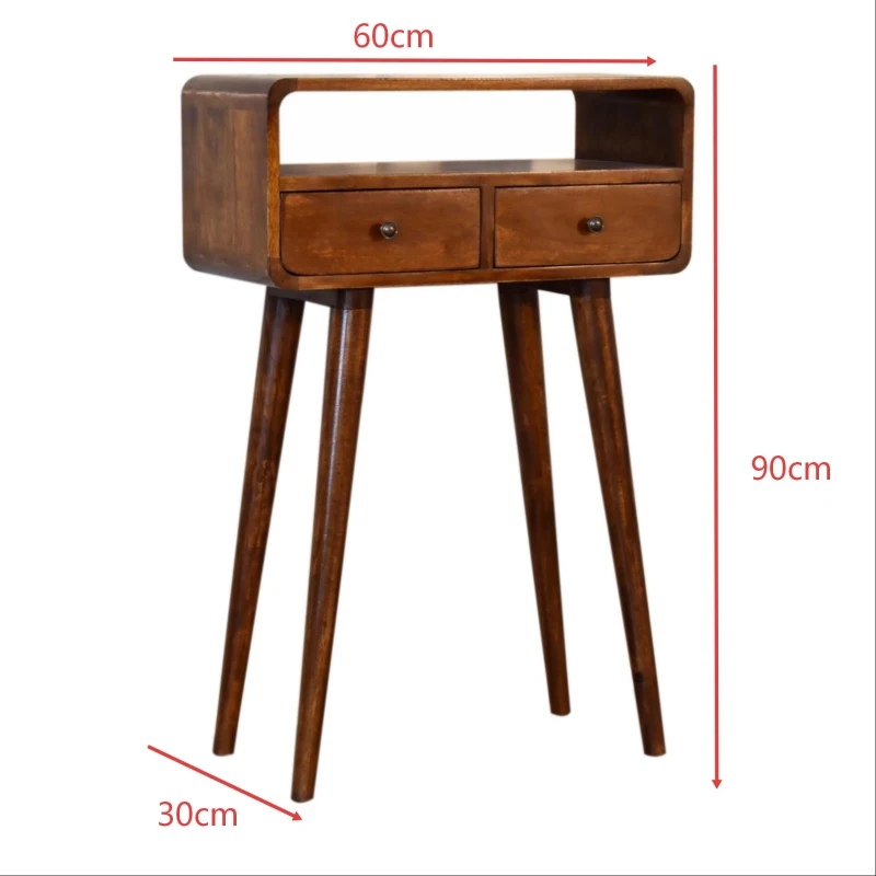 Solid Mango Wood Mini Console Table with 2 Drawers and Open Slot, Desk with Deep‑Penetrating Stain Finish, 30L x 60W x 90H cm, Brown