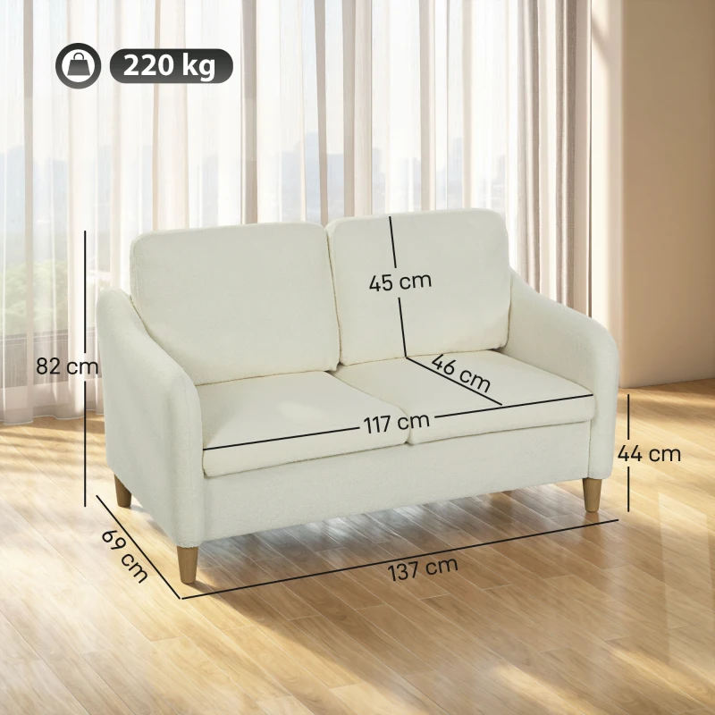 HOMCOM Divano 2 Posti Moderno con Cuscini Spessi e Rivestimento Sherpa, 137x69x82 cm, Crema