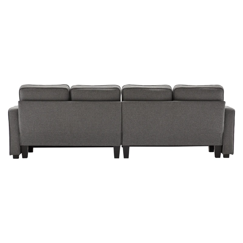 Canapé moderne 4 places en tissu lin, avec poches d'accoudoir et 4 coussins, 264x83x87 cm, Gris foncé