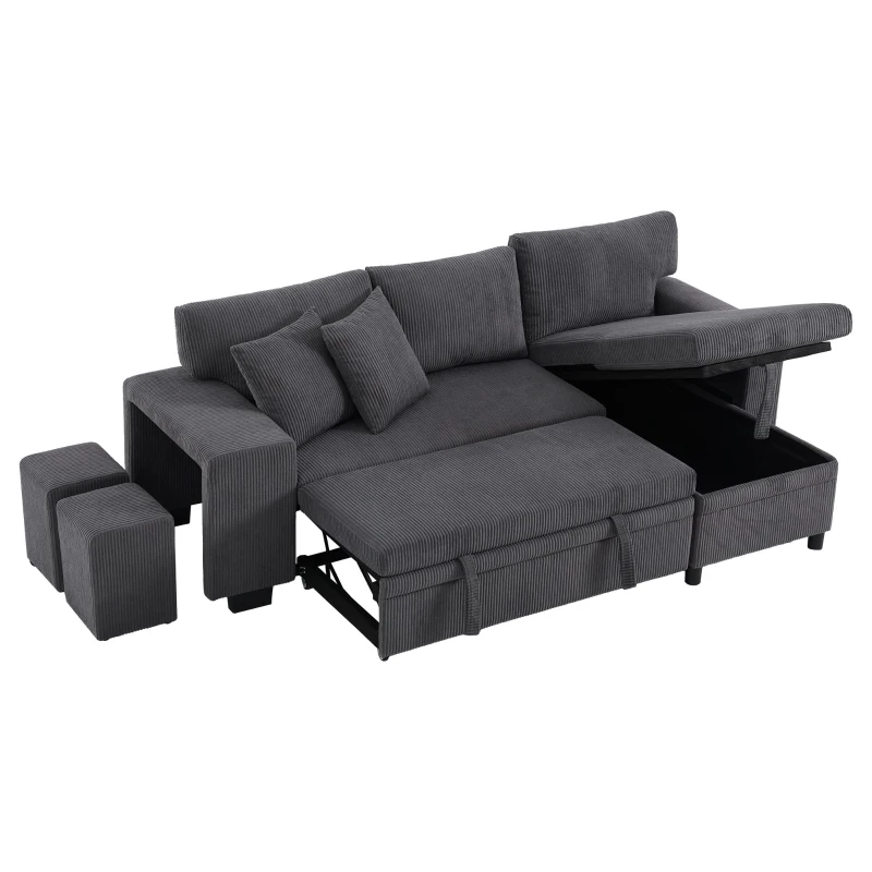 Canapé-lit pliant avec fonction couchage, port de charge USB, tablettes latérales et rangement, 231x131,5x84 cm, Gris