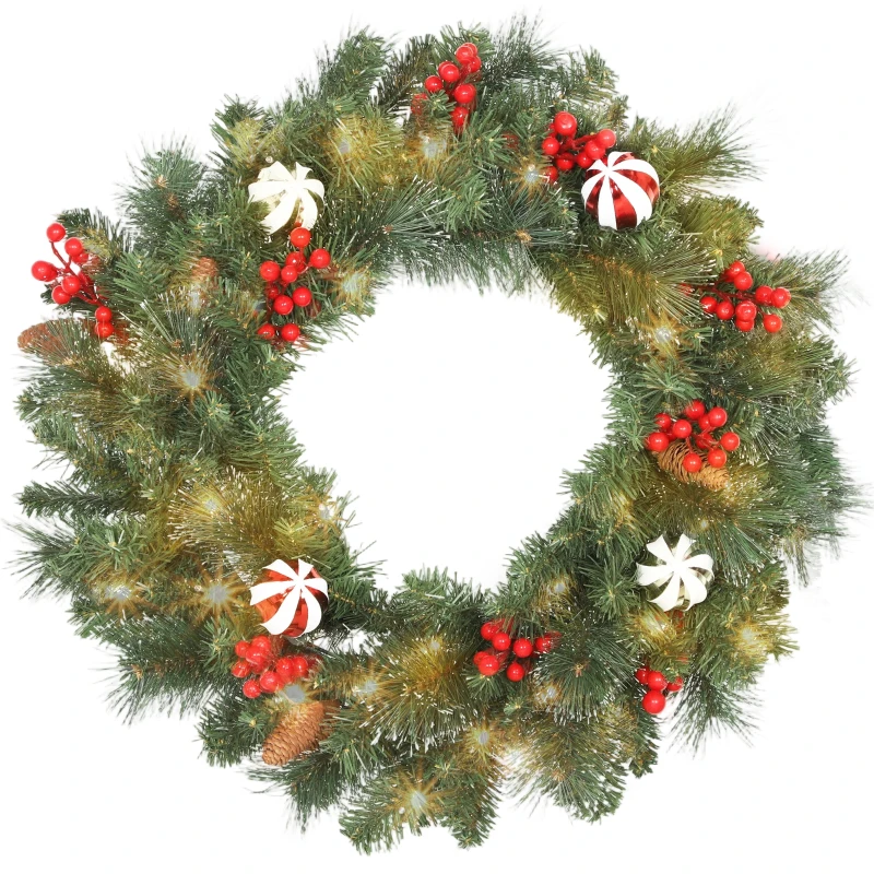 HOMCOM Couronne de Noël lumineuse 60 cm avec 50 LED, minuterie, 146 pointes, pommes de pin, baies, boules décoratives, vert