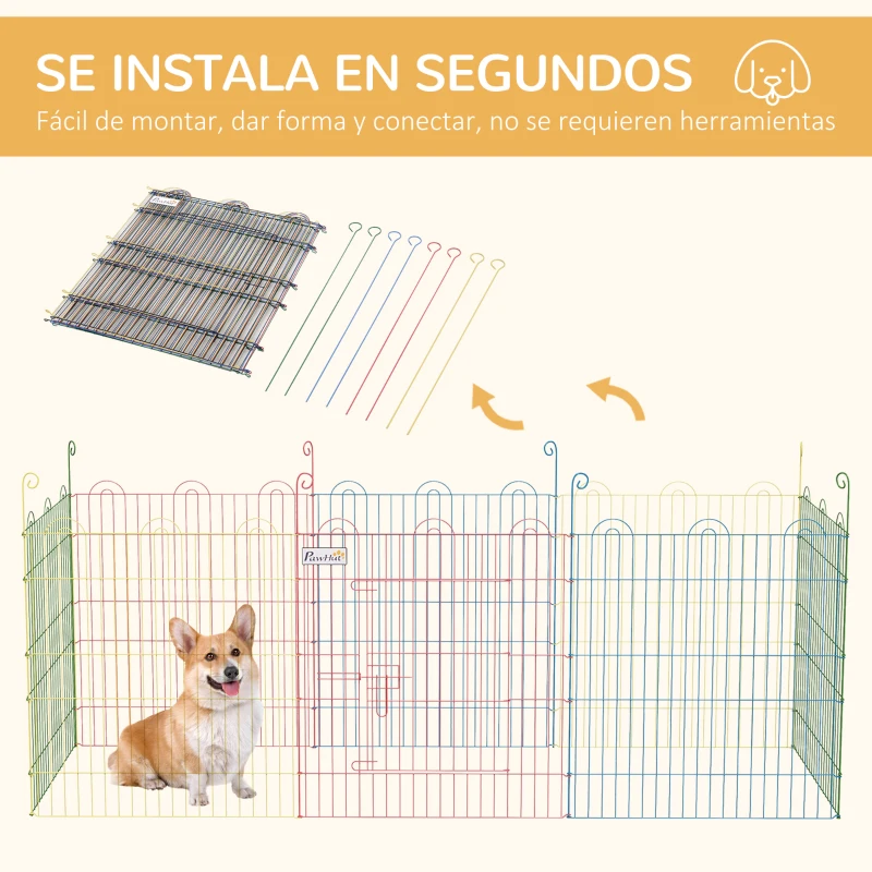 PawHut Parque Plegable para Perros de 8 Paneles Ø156x60 cm Valla Metálica con Puerta Estacas Interior Exterior Multicolor