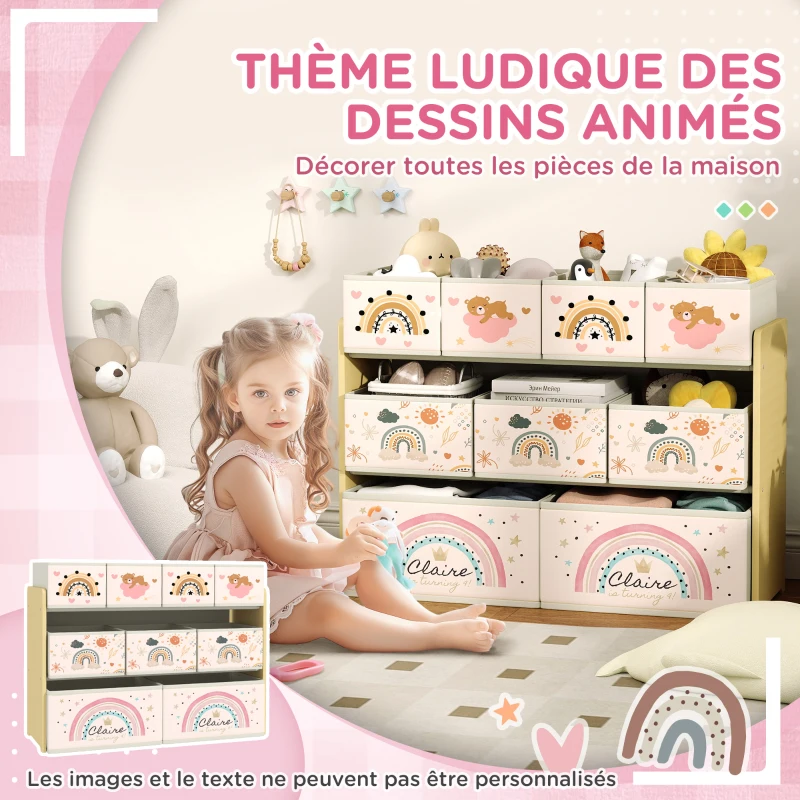 AIYAPLAY Étagère de rangement enfant étagère à 3 niveaux avec 9 boîtes en tissu non tissé 93 x 30 x 70 cm jaune