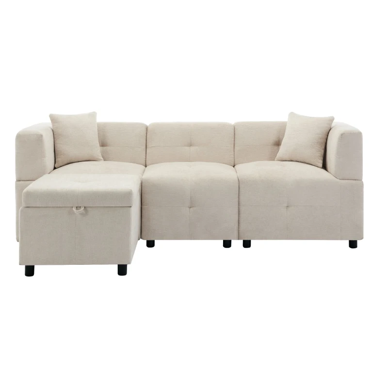 Canapé d'angle 3 places avec rangement, design en L avec pouf amovible et 2 coussins, 204x126x69 cm, Beige