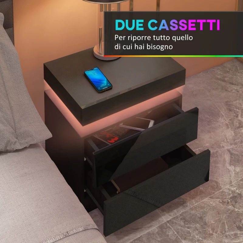 HOMCOM Comodino LED a 16 Colori e 4 Modalità con 2 Cassetti, in Legno, 45x35x52 cm, Nero