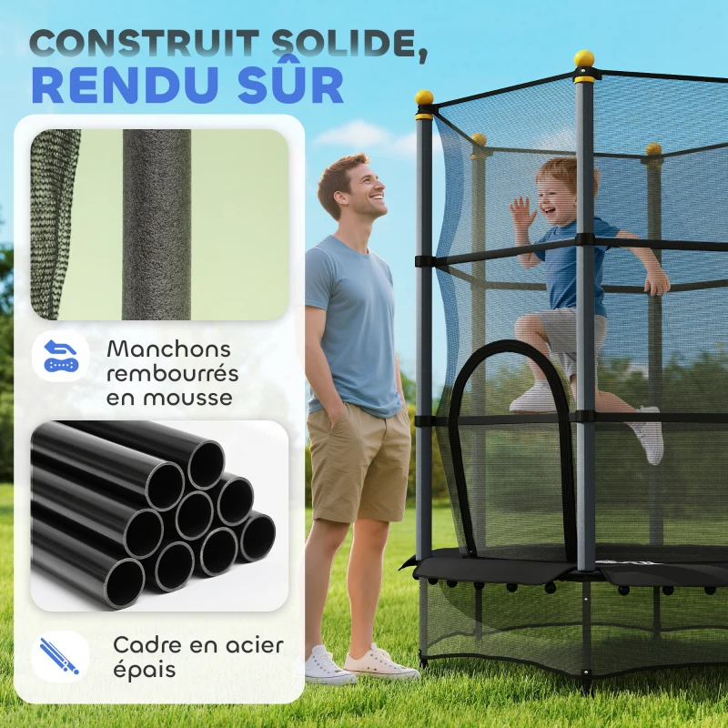 HOMCOM Trampoline Enfant Ø 1,40 × 1,90H m Filet de sécurité Porte zipée Couvre-Ressorts 6 poteaux rembourrés Inclus Noir