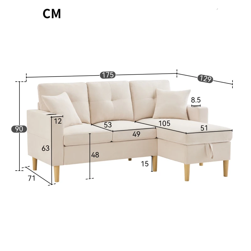 Canapé d'angle moderne en L, 3 places avec méridienne et rangement, porte-gobelet intégré, 175x129x90 cm, Beige