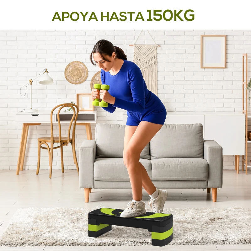 HOMCOM Step de Aeróbic para Fitness Antideslizante con Altura Regulable 3 Niveles 10/15/20 cm Carga 150 kg 80x31x20 cm Verde