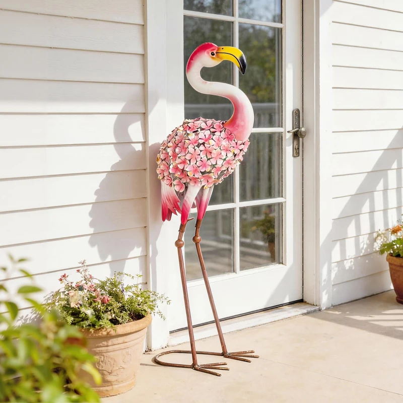 Outsunny Estátua de Jardim Flamingo Rosa, Escultura de Pássaro em Metal com Penas Florais, 28 x 19 x 83 cm, Vermelho