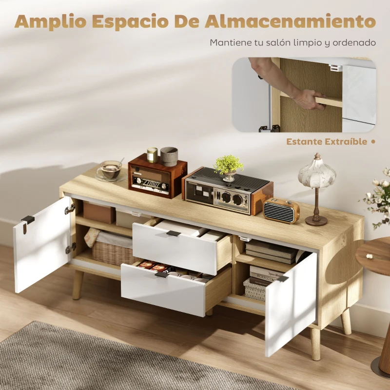 HOMCOM Mueble de TV Moderno de 2 Puertas 2 Cajones Orificios y Estantes Extraíbles 120x35x50 cm Blanco Brillo y Roble